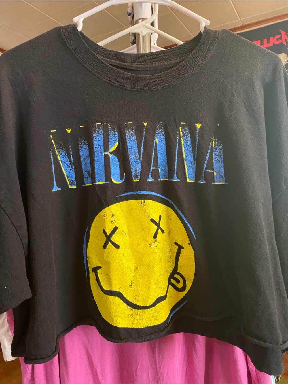 NIRVANA Cropped Tee with Yellow Smiley & Blue Logo